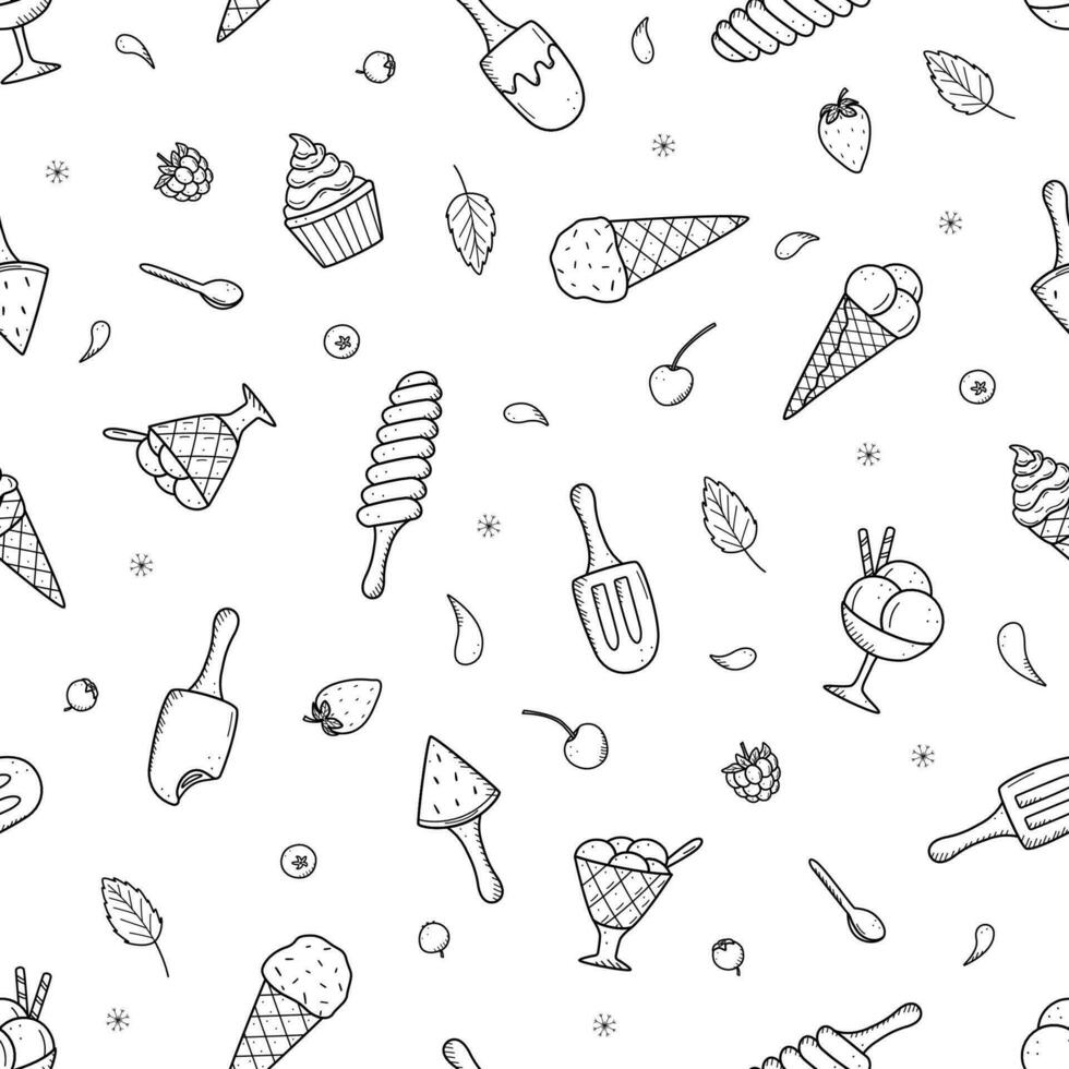 sömlös mönster is grädde och bär uppsättning av klotter ikoner. vektor illustration av sommar desserter popsicles, is grädde i våffla kottar, jordgubb körsbär hallon mynta blåbär.