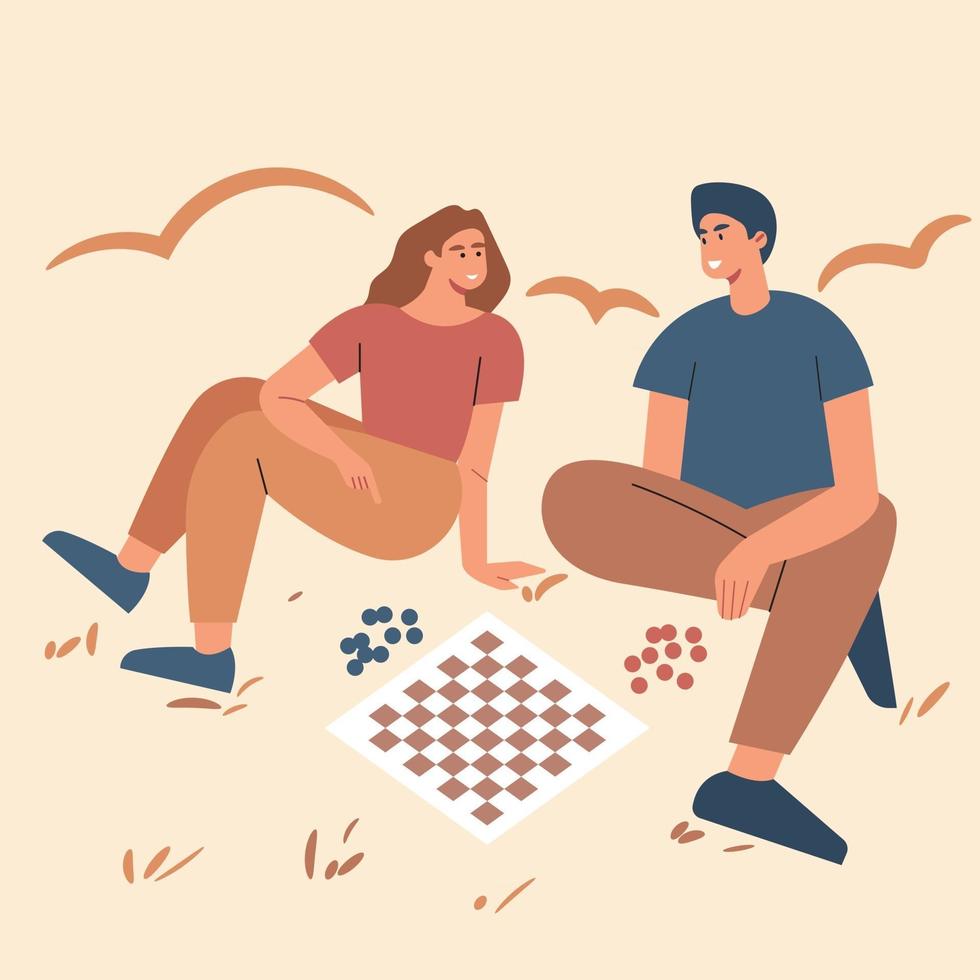 vektorillustrationstecknad film av två unga pojkar och tjejer som spelar schack varandra. sätt dig ner på marken. platt vektorillustration. vektor