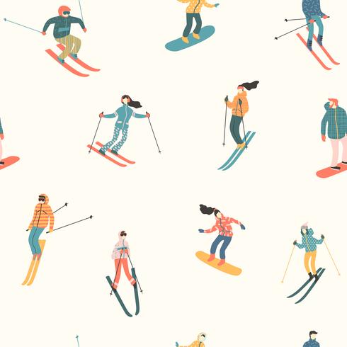 Vektorillustration von Skifahrern und von Snowboardern. Nahtloses Muster vektor