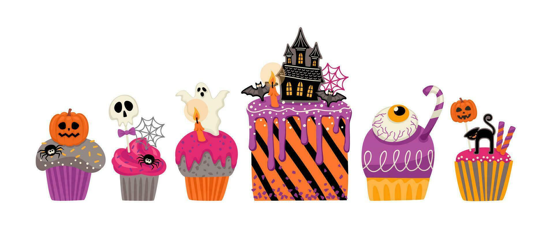 Halloween isoliert Illustration. dekoriert Cupcakes, Muffins, Gebäck, Süßigkeiten, Süßigkeiten. Vektor Design