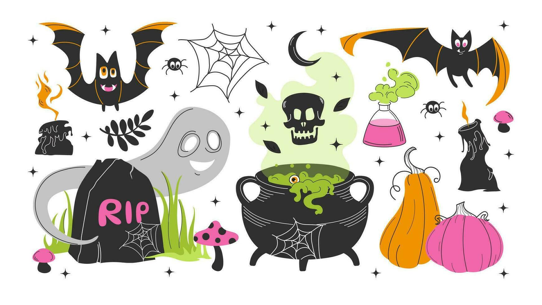 groß einstellen von Halloween Cliparts. Vektor Abbildungen im eben modern Stil. Karikatur Aufkleber mit Schädel, Kürbisse, Kerze, Schlange, Geist, Süßigkeiten, Schläger, Spinne, Hexen Trank im ein Kessel, Grabstein.