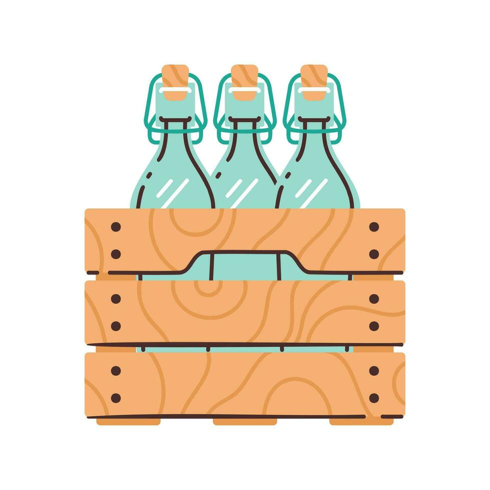 trä- låda med glas flaskor. noll-avfall handla, platt modern vektor illustration.