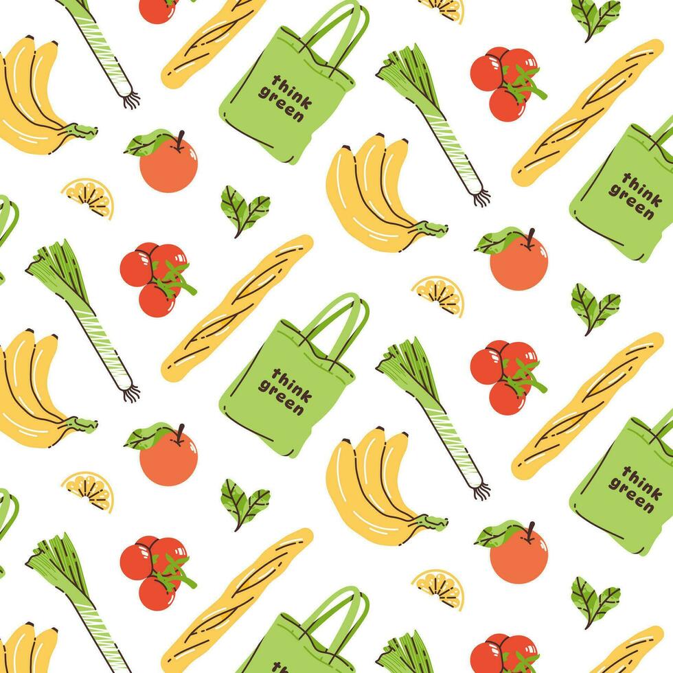 Hintergrund Muster von umweltfreundlich Einkaufen. verschiedene Früchte und Gemüse. kein Verlust Einkaufen. Nachhaltigkeit beim heim. vektor