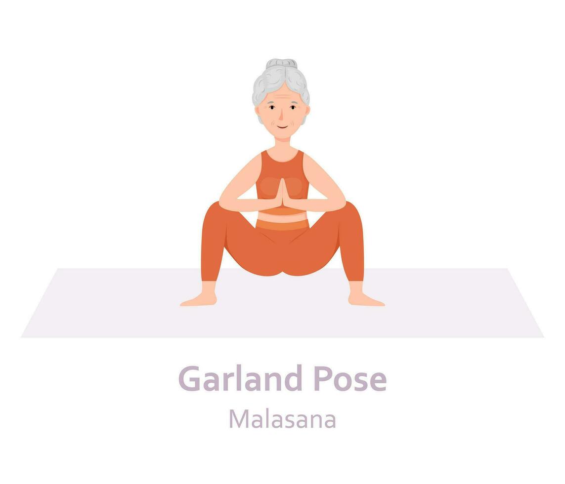 krans yoga utgör. malasana. äldre kvinna praktiserande yoga asana. friska livsstil. platt tecknad serie karaktär. vektor illustration