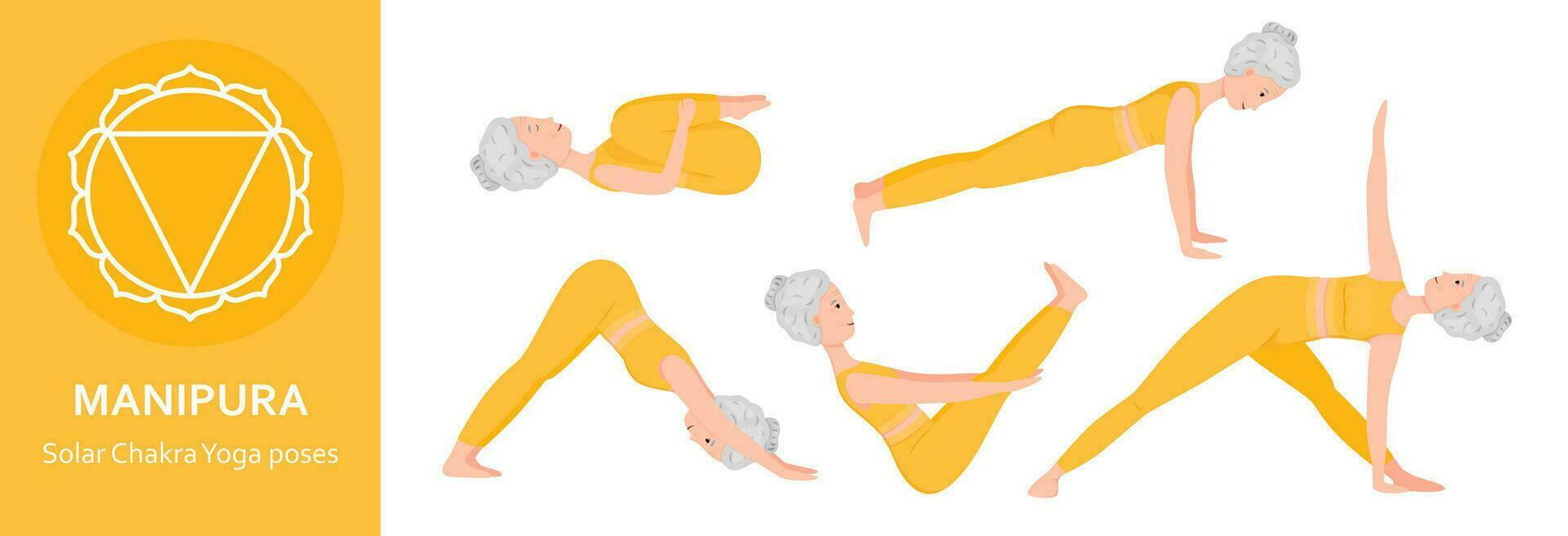 sol- plexus chakra yoga poserar. äldre kvinna praktiserande manipura chakra yoga asana. friska livsstil. platt tecknad serie karaktär. vektor illustration