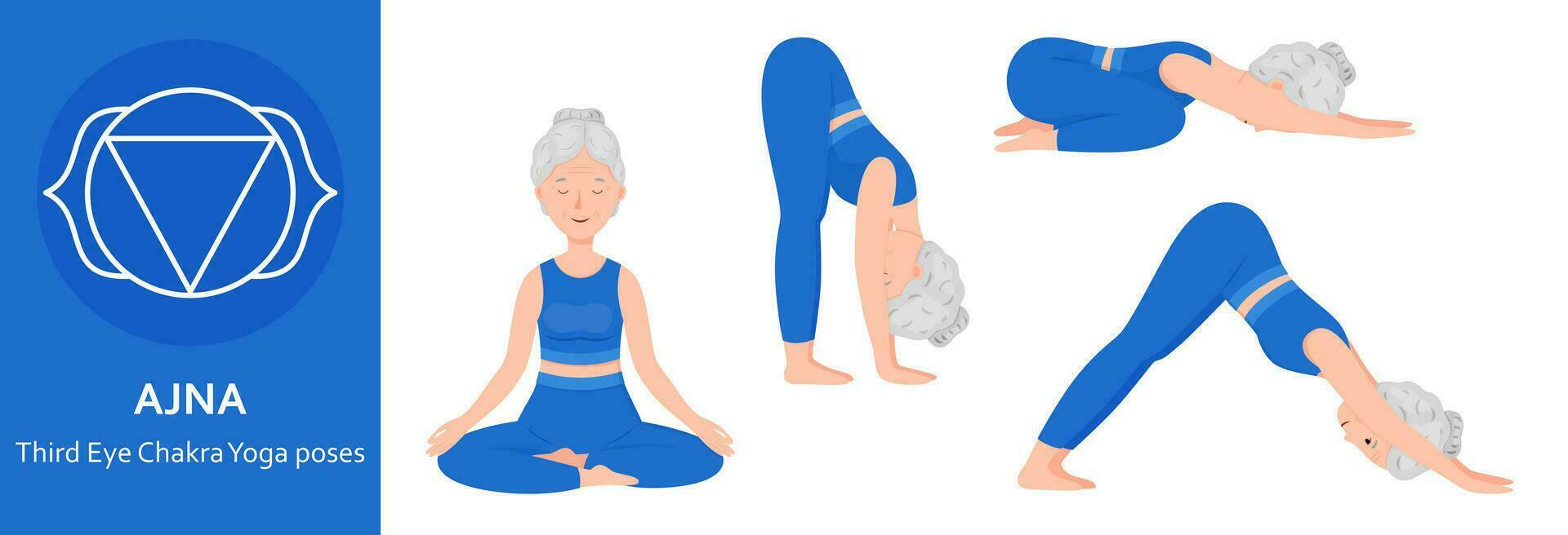 dritte Auge Chakra Yoga Posen. Alten Frau üben ajna Chakra Yoga Asanas. gesund Lebensstil. eben Karikatur Charakter. Vektor Illustration