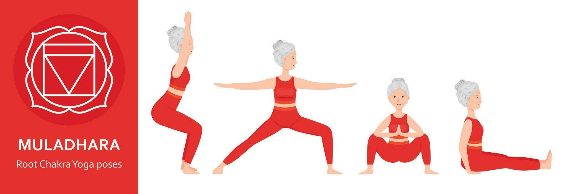 rot chakra yoga poserar. äldre kvinna praktiserande muladhara chakra yoga asana. friska livsstil. platt tecknad serie karaktär. vektor illustration