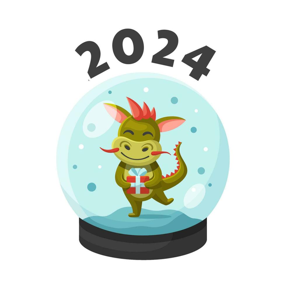 Glas Schnee Globus mit ein klein Drachen halten ein Geschenk, Konzept von das Jahr von das Drachen. Neu Jahr 2024 Illustration. Postkarte mit Chinesisch Drachen. Glas Ball mit Schnee. Kinder Abbildung. vektor