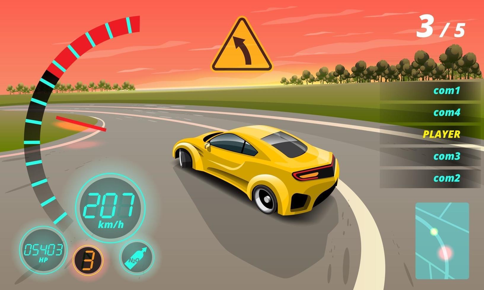 Im Spielwettbewerb setzt der Spieler ein Hochgeschwindigkeitsauto ein, um im Rennspiel zu gewinnen. Wettbewerb E-Sport-Autorennen. vektor