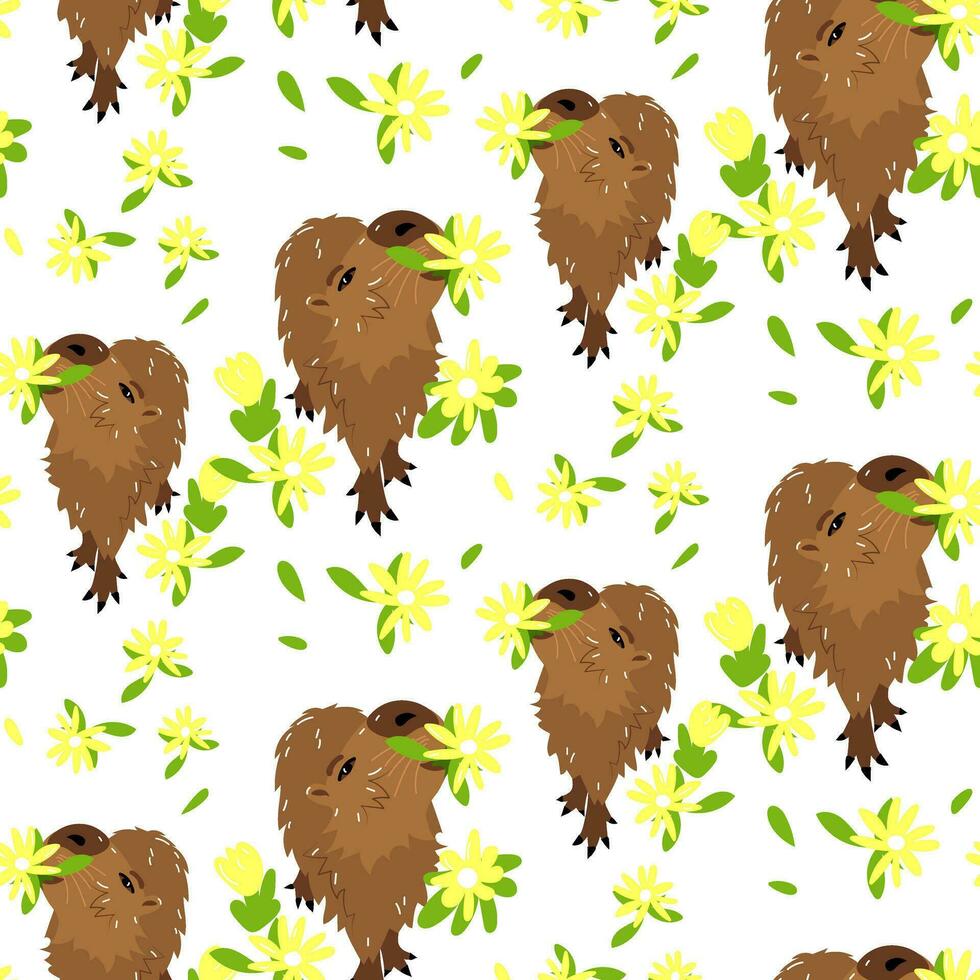 Muster süß Capybara gibt ein Blume. ein komisch Charakter ist ein Tier im ein Wiese mit Blumen. charmant süß kawaii Baby Capybara Nagetier. Kinder- skandinavisch eben Vektor Illustration hervorgehoben