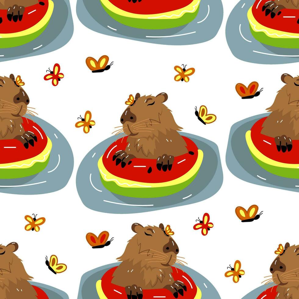 das Capybara Muster schwimmt auf ein wassermelonenförmig Kreis mit ein Schmetterling auf es ist Nase. ein Capybara schwebend im das Wasser. kawaii Zeichnung, komisch isoliert eben Illustration. Textur zum Textilien, Papier vektor