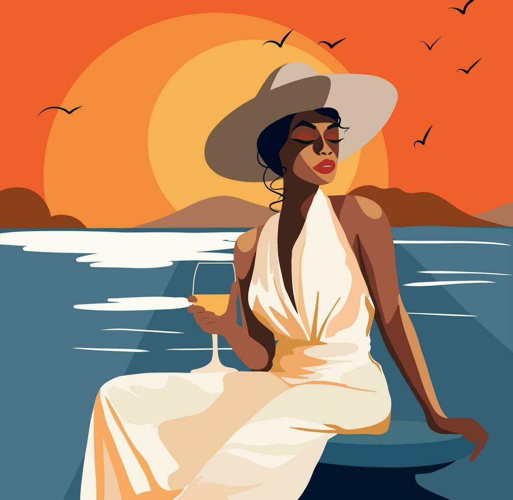 tillflykt sommar semester. en ung kvinna i en klänning sitter på en terrass förbi de hav med en glas i henne händer mot de bakgrund av en solnedgång havsbild. flicka turist på semester. platt design vektor