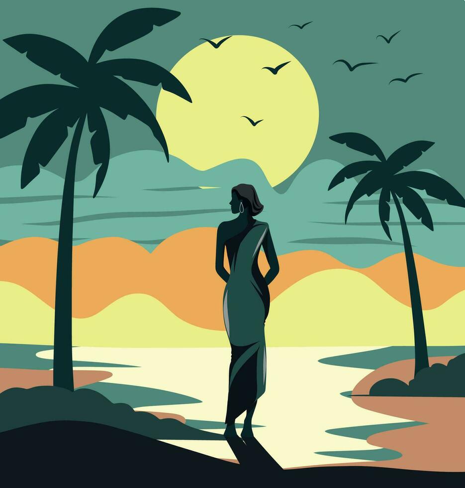 Vektor eben Illustration Mädchen auf Ferien auf das Strand Gehen entlang das Ufer Strand Meer Brise Sand Meer schön Sonnenuntergang und Palme Bäume