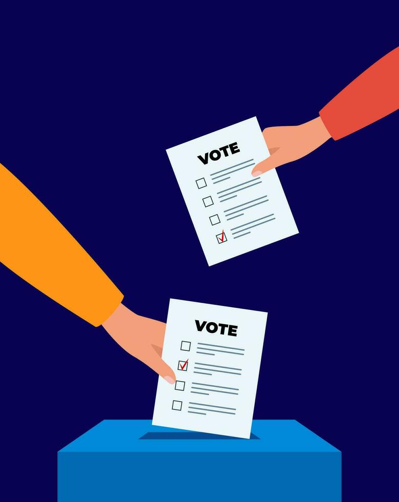 sätter röstning valsedel i valsedel låda. röstning och val begrepp. vektor illustration.