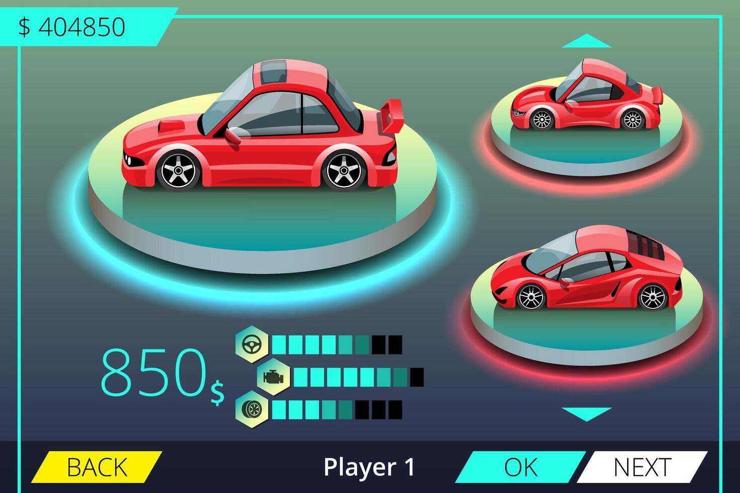 Auto-Rennspiel im Anzeigemenü Juni für das Upgrade-Leistungsauto des Spielers vektor
