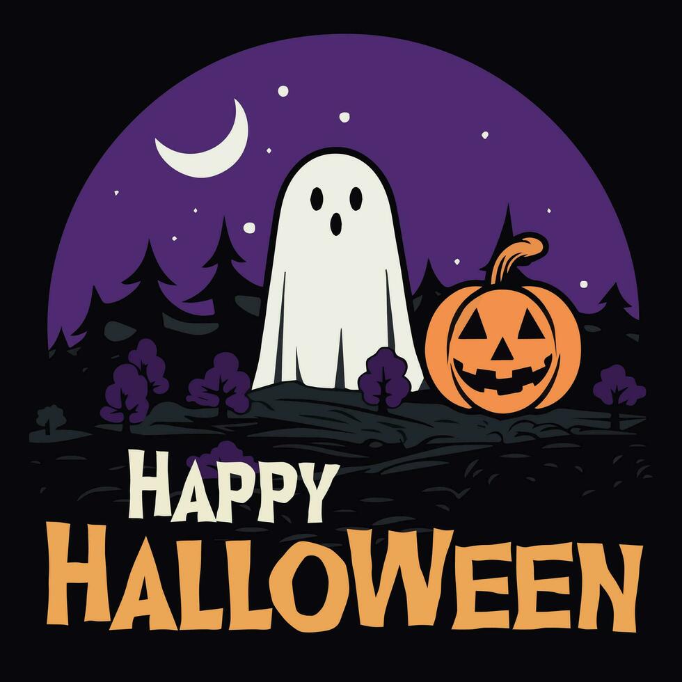Lycklig halloween affisch fest inbjudan bakgrund med spöke i kyrkogård mot full måne i vektor illustration. platt design stil, orange och violett Färg.