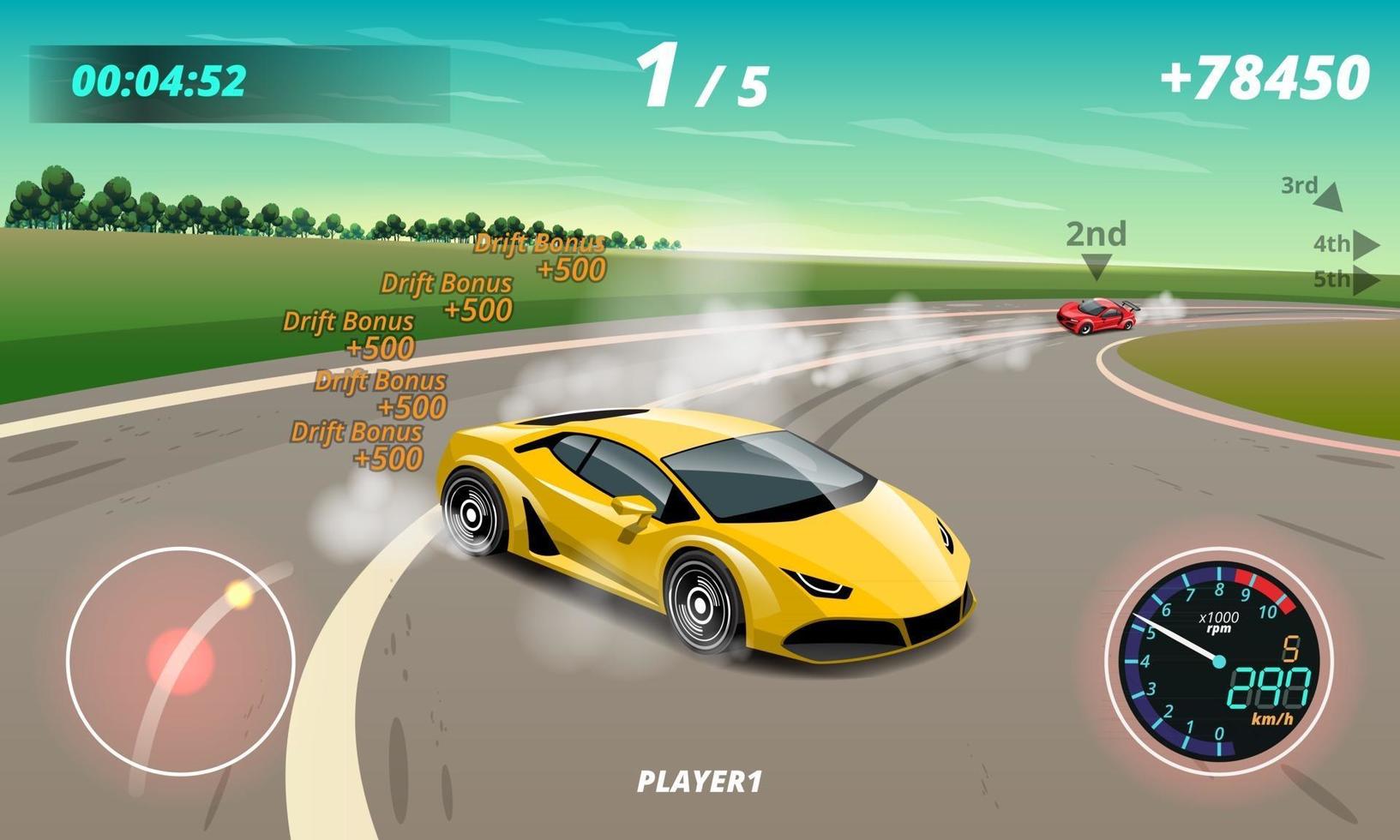 Burnout-Auto, Spielsportwagen-Drift für Point-in-Game. Vektor-Illustration im 3D-Stil-Design vektor