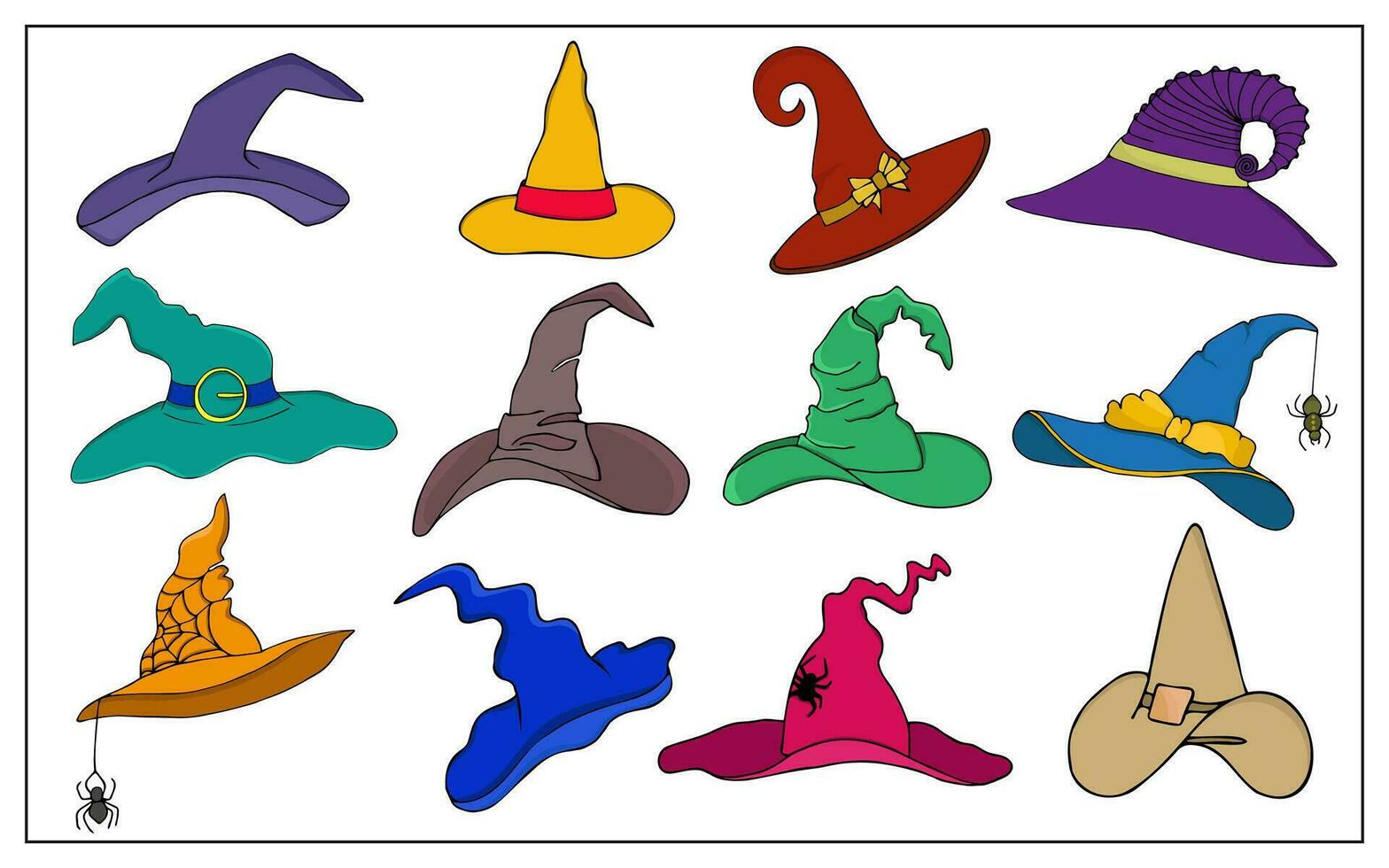 tecknad serie häxa, trollkarl och trollkarl hattar eller kepsar. halloween färgrik hattar. fantasi karaktär kostym element med Spindel nät, spännen och bågar vektor