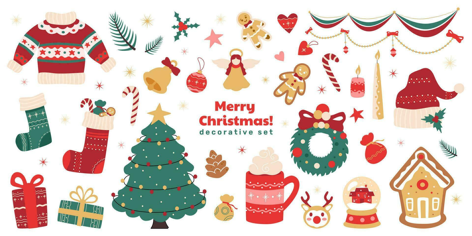 uppsättning av glad jul ritningar, mysigt och söt klistermärken, dekoration uppsättning, vektor Semester illustration.