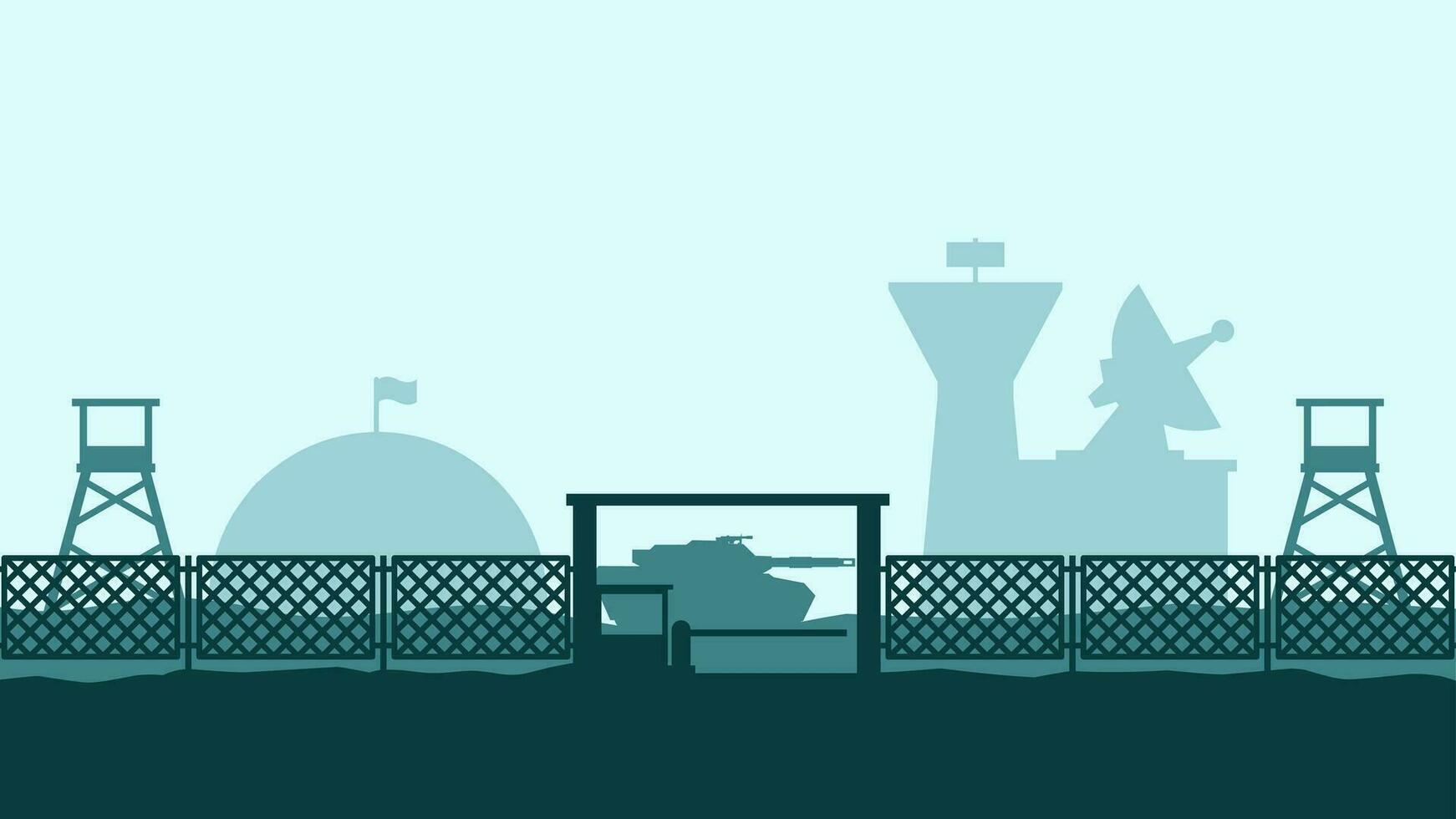 Vektor Illustration von Militär- Base Landschaft. Landschaft Silhouette von Militär- Base Tor. Militär- Landschaft zum Hintergrund, Hintergrund oder Landung Buchseite. Heer Ausbildung Feld mit Panzer und bewachen Post