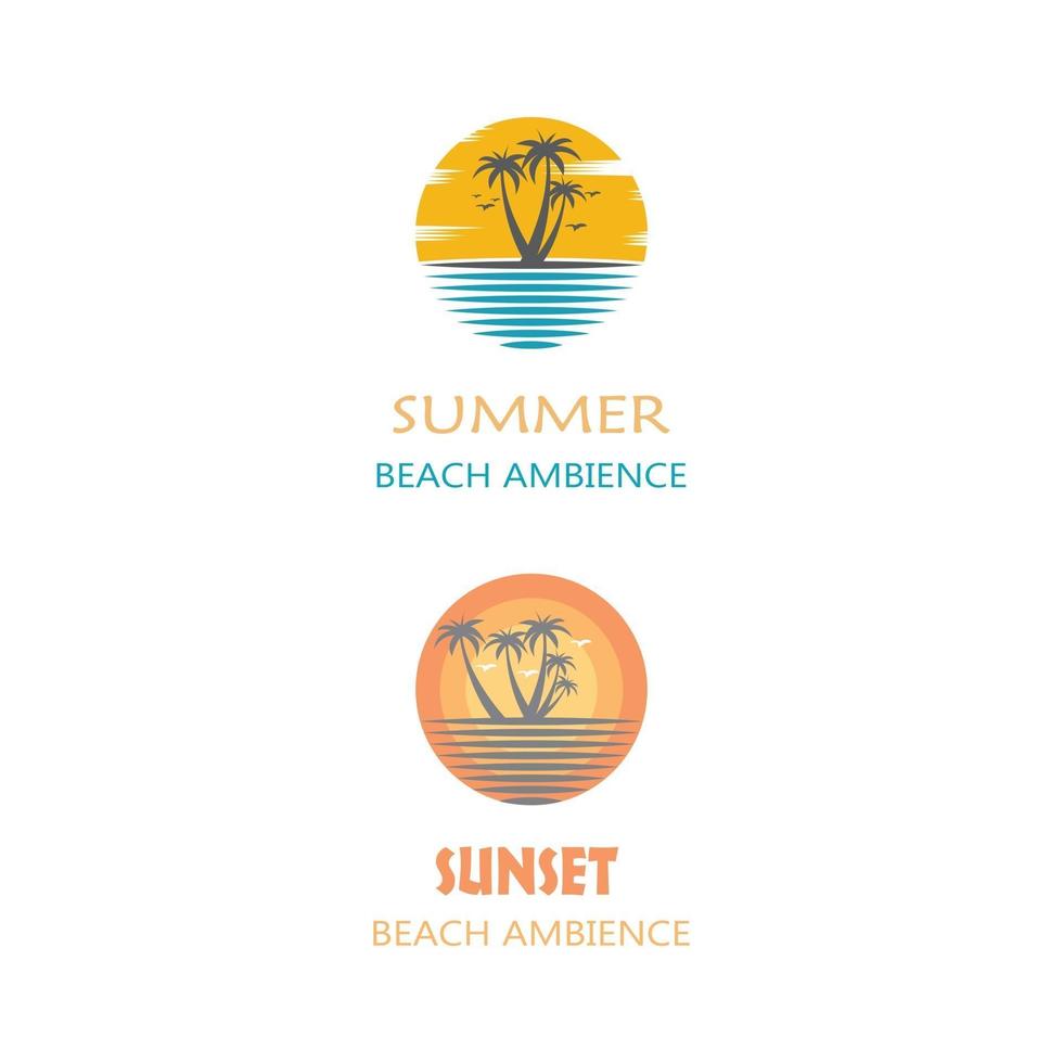 Sommerstrandküsteninsel, Meerozean mit Vögeln und Sommersonnenstrahlen Logodesigninspiration vektor