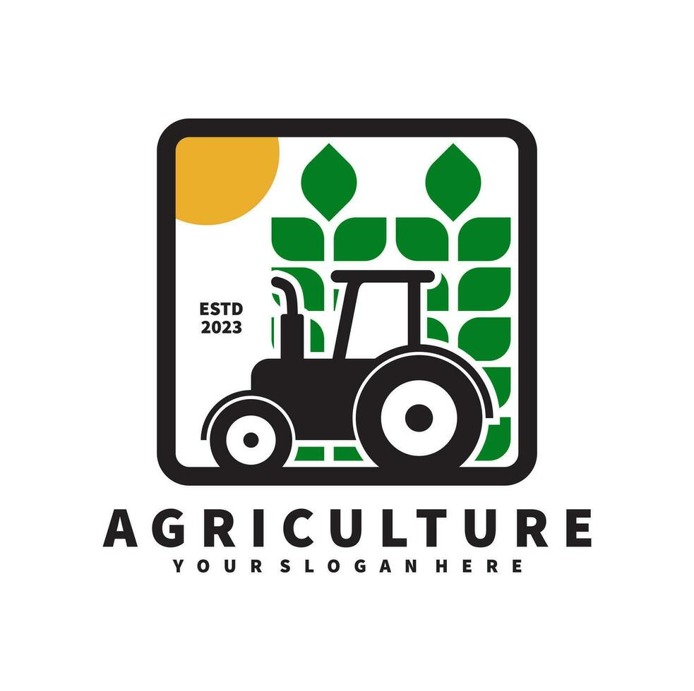 traktor logotyp för lantbruk, agronomi, vete jordbruk, lantlig jordbruk fält, naturlig skörda. bruka traktor vektor design
