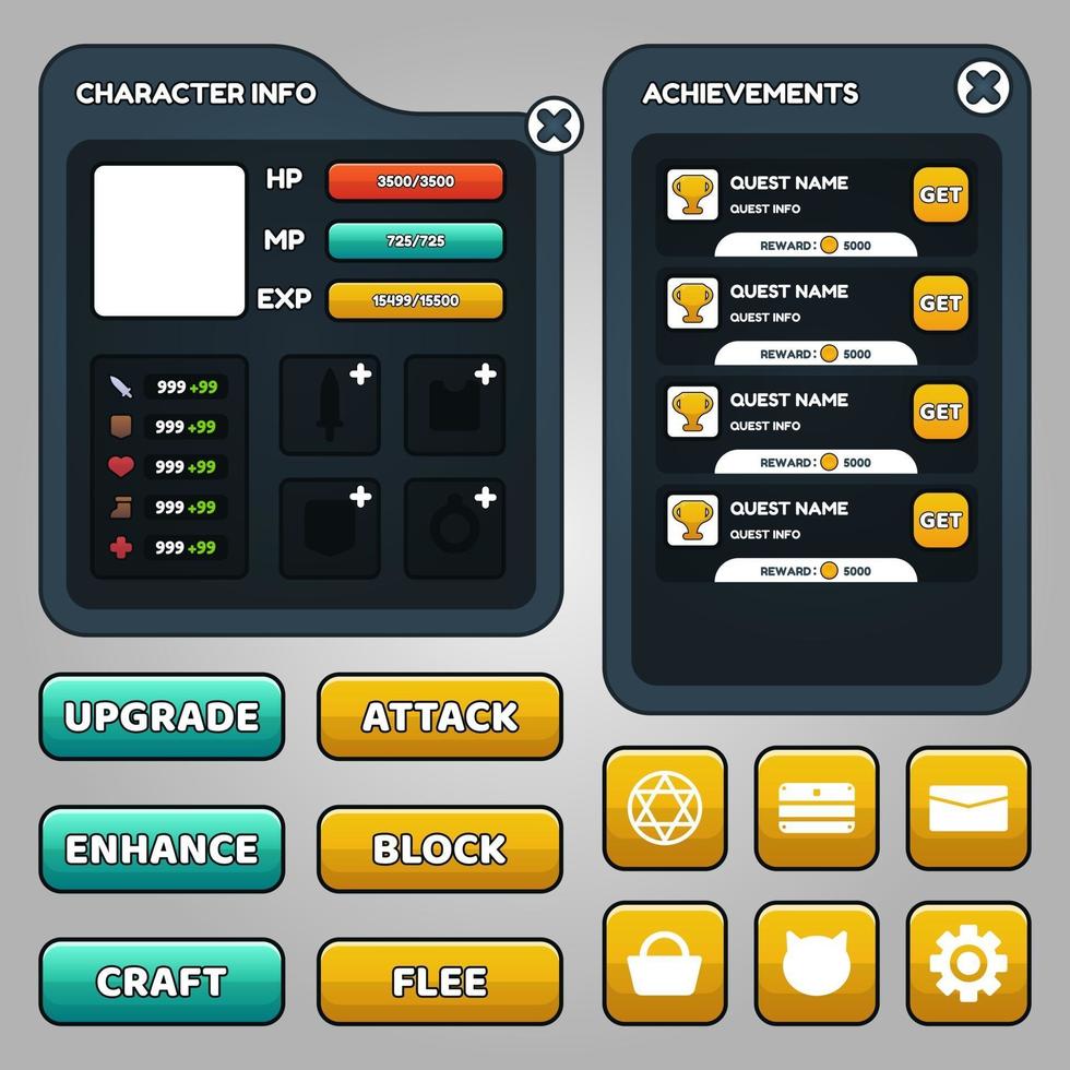 Vektor-Spielvorlage GUI-Kit. grafische Benutzeroberfläche des Spiels zum Erstellen von Web- und mobilen Spielen und Apps. vektor