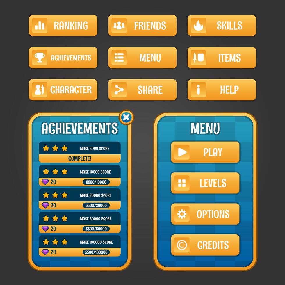 Vektor-Spielvorlage GUI-Kit. grafische Benutzeroberfläche des Spiels zum Erstellen von Web- und mobilen Spielen und Apps. vektor
