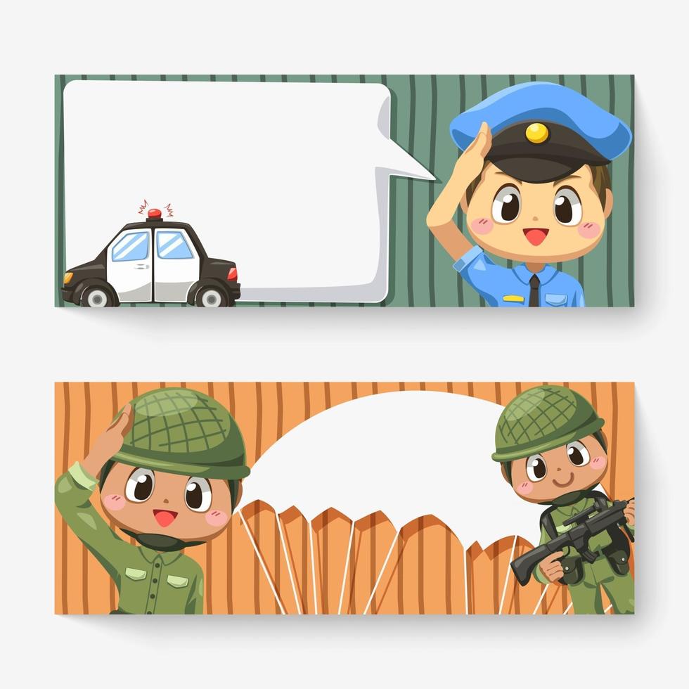 Banner von Polizisten und Soldaten im Zeichentrickfilm-Vektor vektor