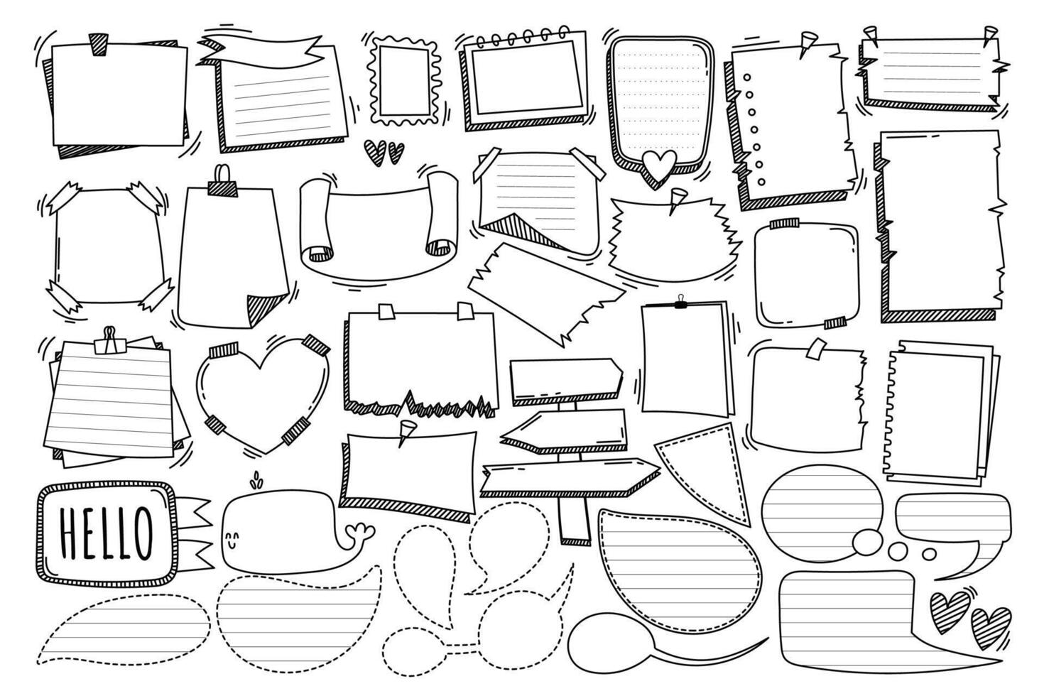 handritad doodle vektor element meddelande, etikett, ram, banner, tecken, band, pil, anteckning för dekorativa, komiska, dagbok och planerare.