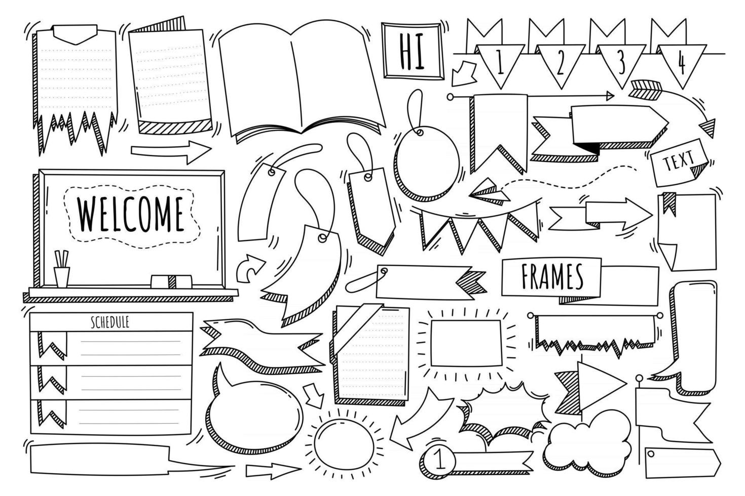 handgezeichnete Doodle-Vektorelemente Nachricht, Etikett, Rahmen, Banner, Zeichen, Band, Pfeil, Hinweis für Dekorativ, Comic, Tagebuch und Planer. vektor