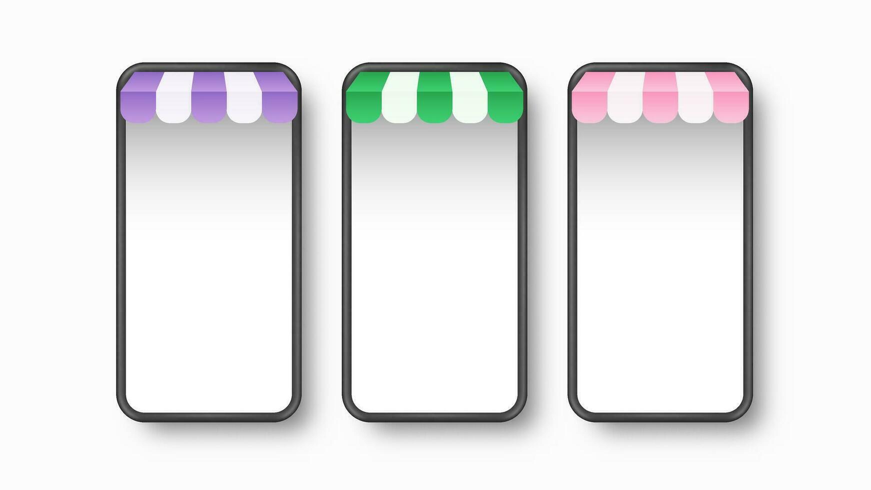 einstellen Handy, Mobiltelefon Telefon mit lila, Grün und Rosa Dächer realistisch 3d Design. Vektor Illustration. eps10