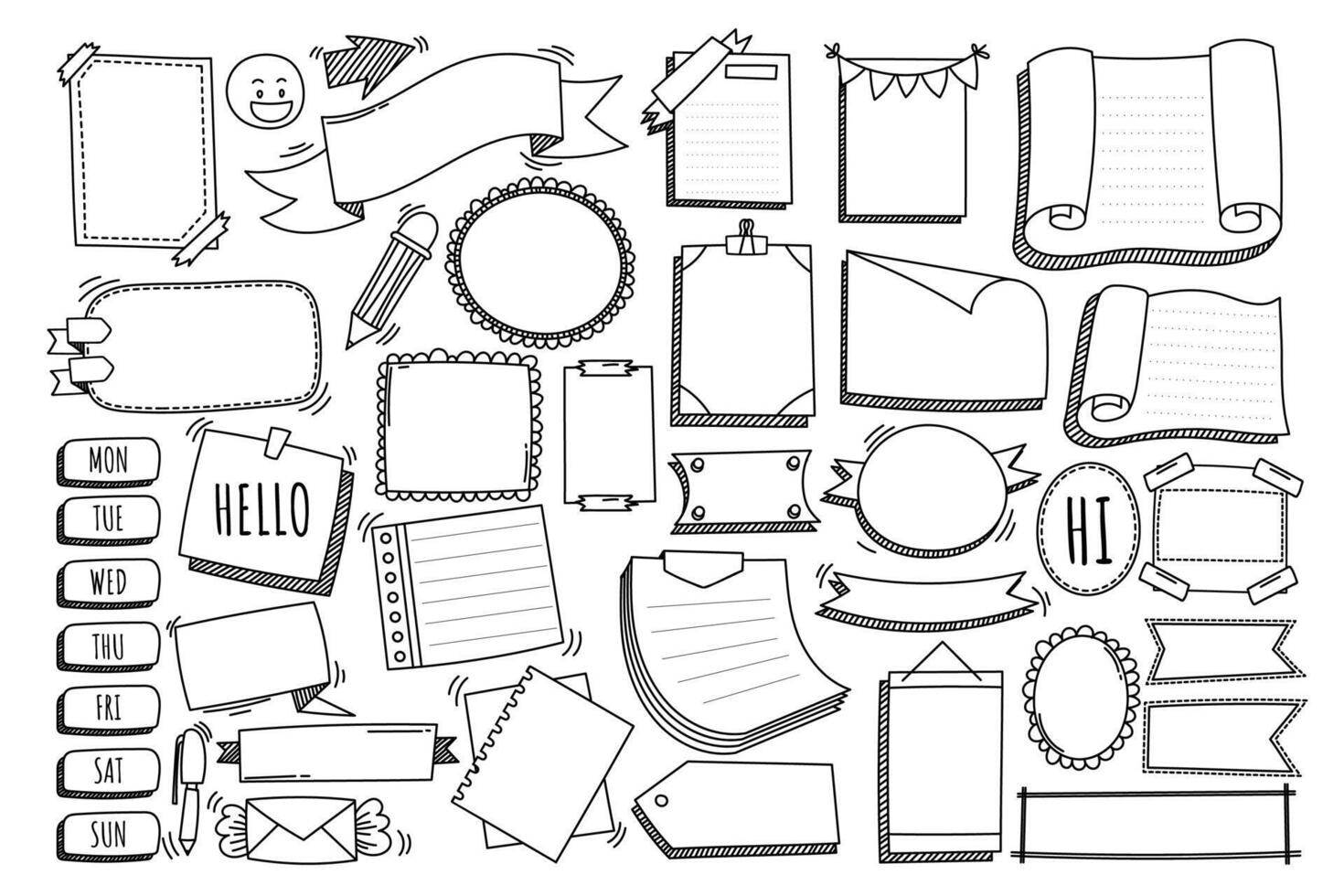 handritad doodle vektor element meddelande, etikett, ram, banner, tecken, band, pil, anteckning för dekorativa, komiska, dagbok och planerare.