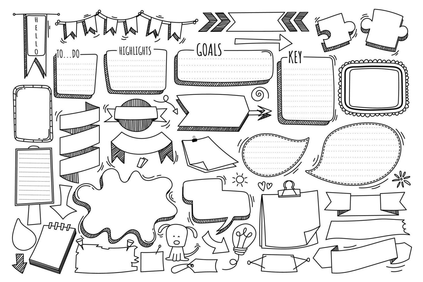 handritad doodle vektor element meddelande, etikett, ram, banner, tecken, band, pil, anteckning för dekorativa, komiska, dagbok och planerare.