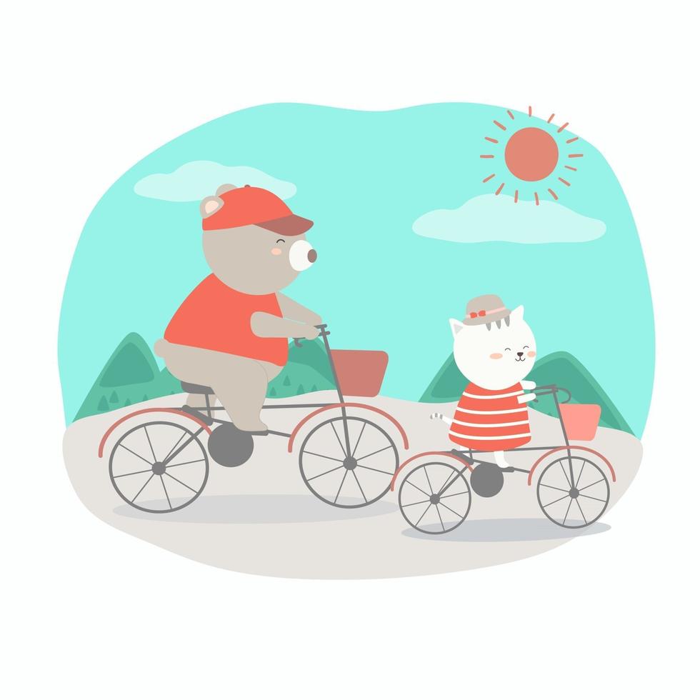 lycklig björn- och kattridning cyklar resa på sommarlovet vektor