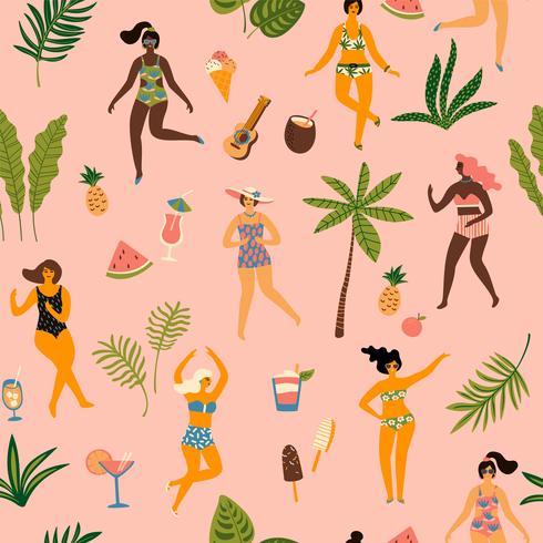 Vektor sömlöst mönster med dansande damän i baddräkter och tropiska palmblad.