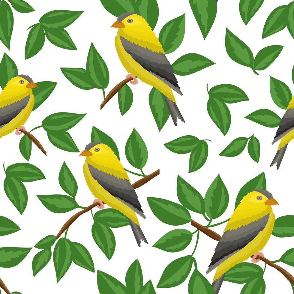 sömlösa mönster med gula fåglar och blad vektorillustration vektor
