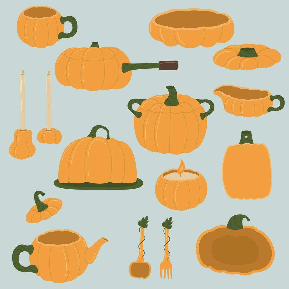 uppsättning av pumpa kök redskap på blå bakgrund. höst illustration för halloween eller tacksägelse högtider. vektor