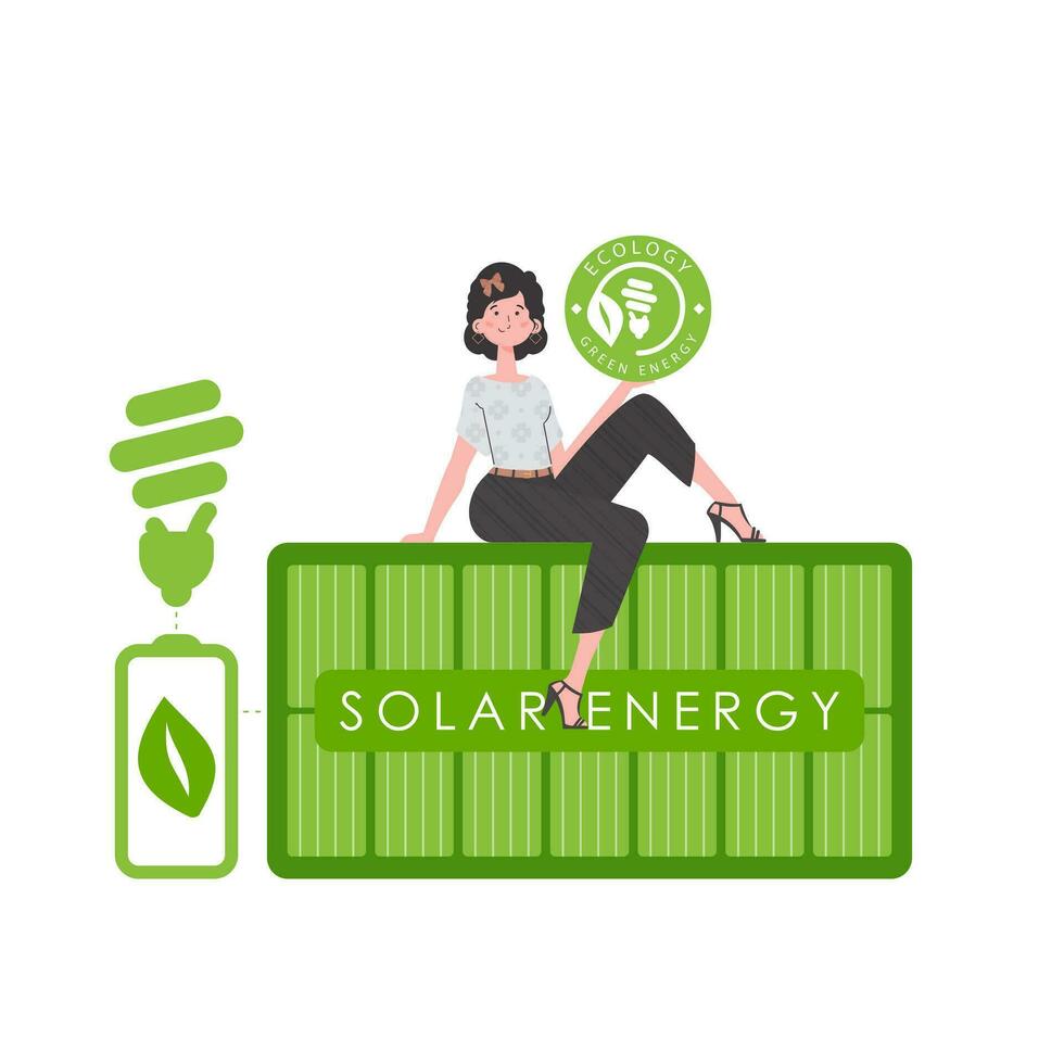 ein Frau sitzt auf ein Solar- Panel und hält das Öko Logo im ihr Hände. das Konzept von Grün Energie und Ökologie. isoliert auf Weiß Hintergrund. modisch Stil. Vektor Illustration.