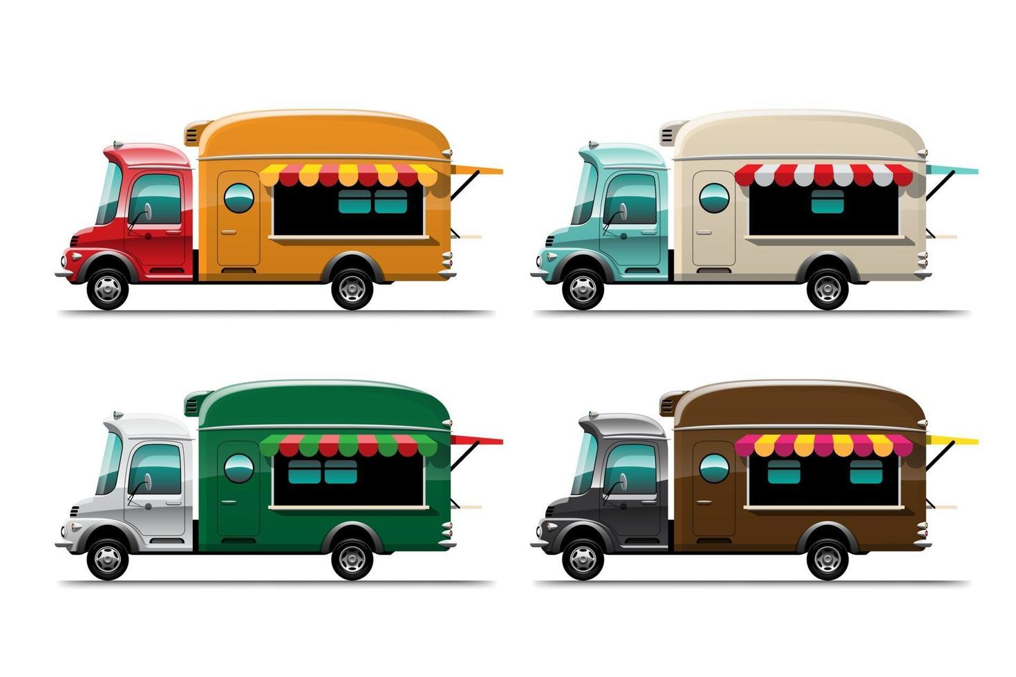 Set von Food Truck Street Food und Fastfood Liefertransporten vektor