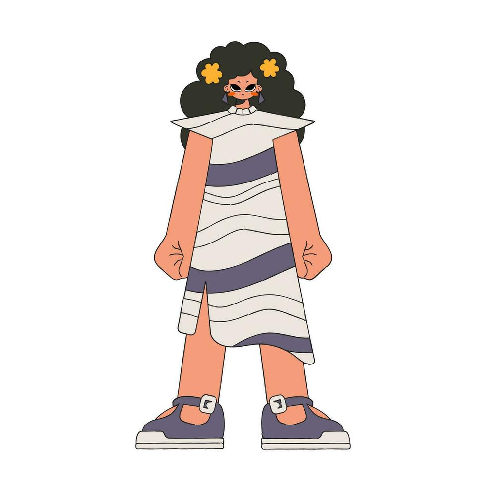 ein Mädchen von hawaiisch Aussehen im ein lange gestreift Kleid. vektor