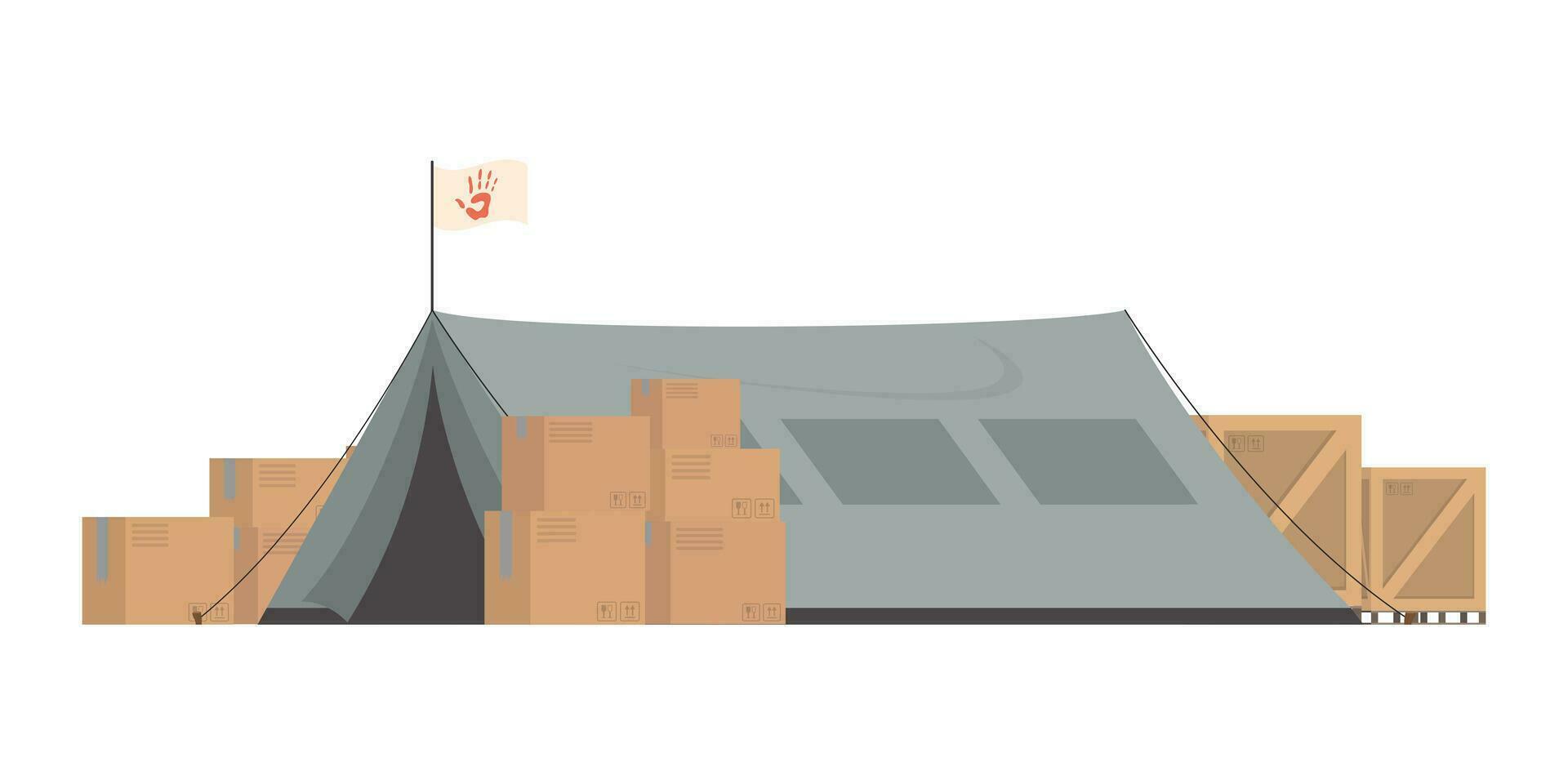 groß dunkel Grün Zelt mit Boxen. Lager Element zum humanitär Hilfe. isoliert. Vektor Illustration.