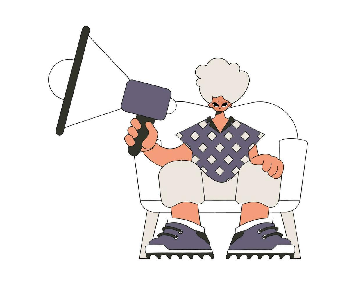 ein jung Kerl sitzt im ein Stuhl und hält ein Megaphon. geeignet zum verwenden im Kommunikation oder Protest thematisch Projekte. vektor