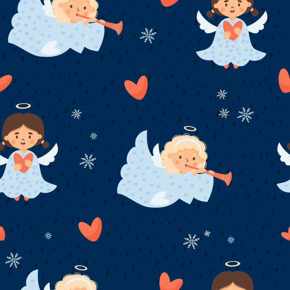 jul barn sömlös mönster. söt ängel flickor med trumpet och hjärta på blå bakgrund med snöflingor. vektor illustration i tecknad serie stil. söt xmas barn samling.