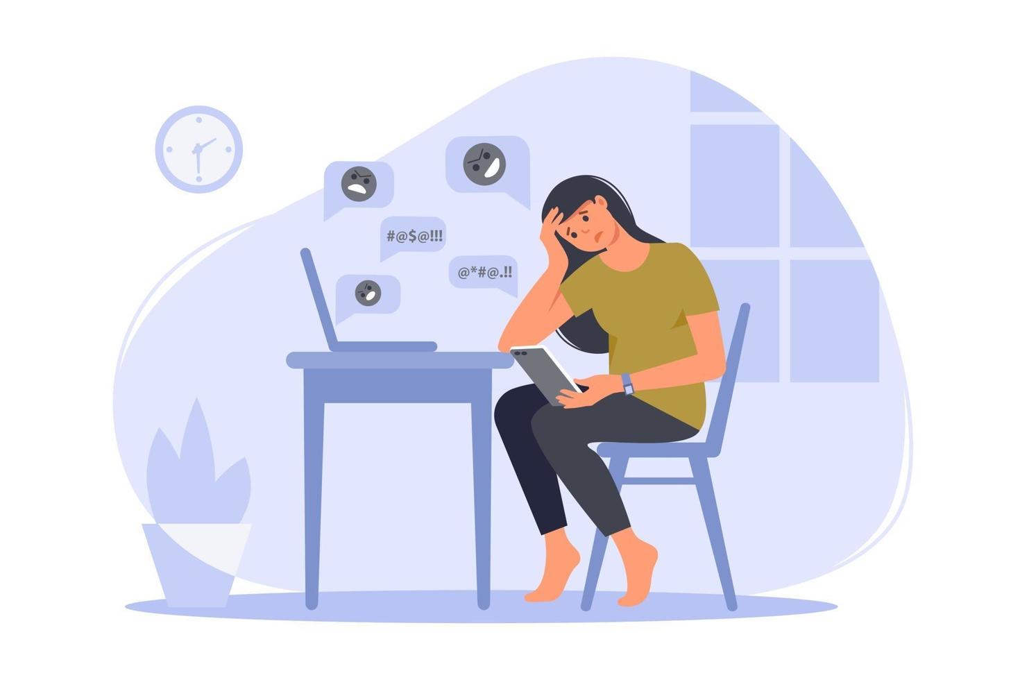 Depressive Frau sitzt mit Telefon vor Laptop-Bildschirm, umgeben von Nachrichtenblasen. Cyber-Mobbing in sozialen Netzwerken und Online-Missbrauchskonzept. Vektor-flache Cartoon-Illustration vektor