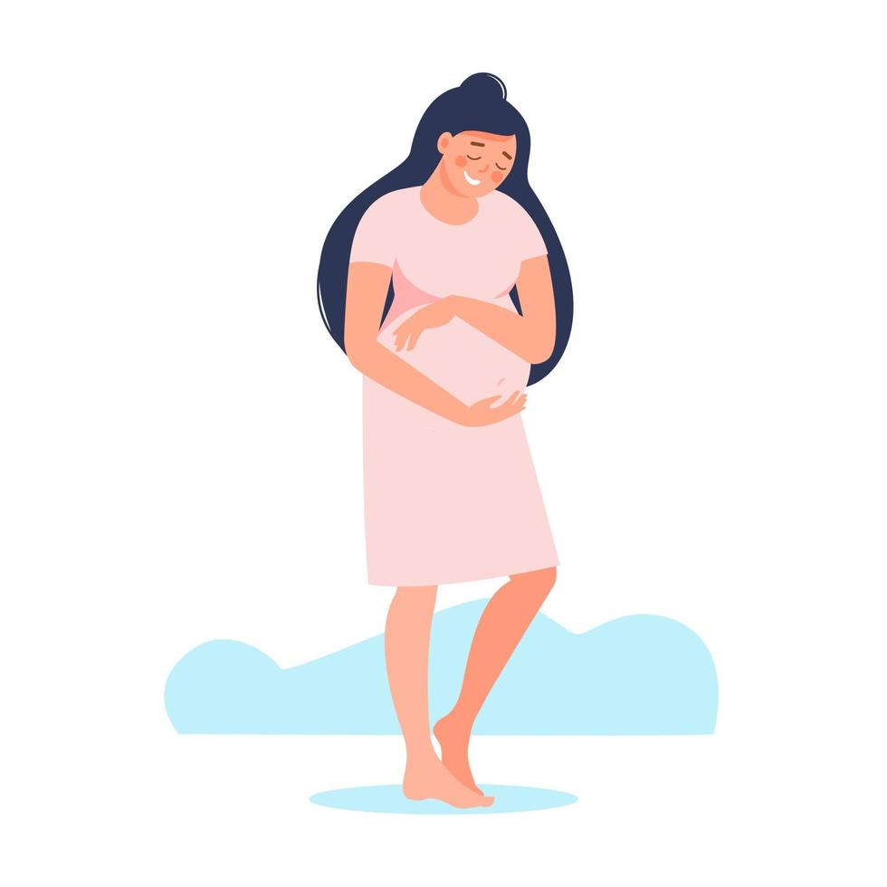 glad leende gravid kvinna håller magen i rosa klänning isolerad på vitt. graviditet och moderskap koncept. vektor platt illustration. design söt ung gravid kvinna affisch, kort, banner