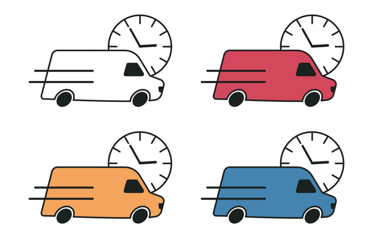 skåpbil snabb leverans ikon uppsättning olika färger vit blå röd orange med klocka på de bakgrund. vektor