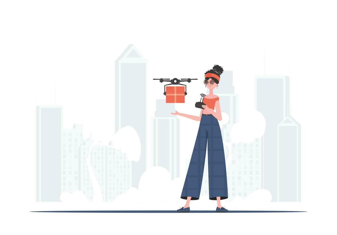 ein Frau Kontrollen ein Drohne mit ein Paket. Lieferung Thema. Vektor Illustration.