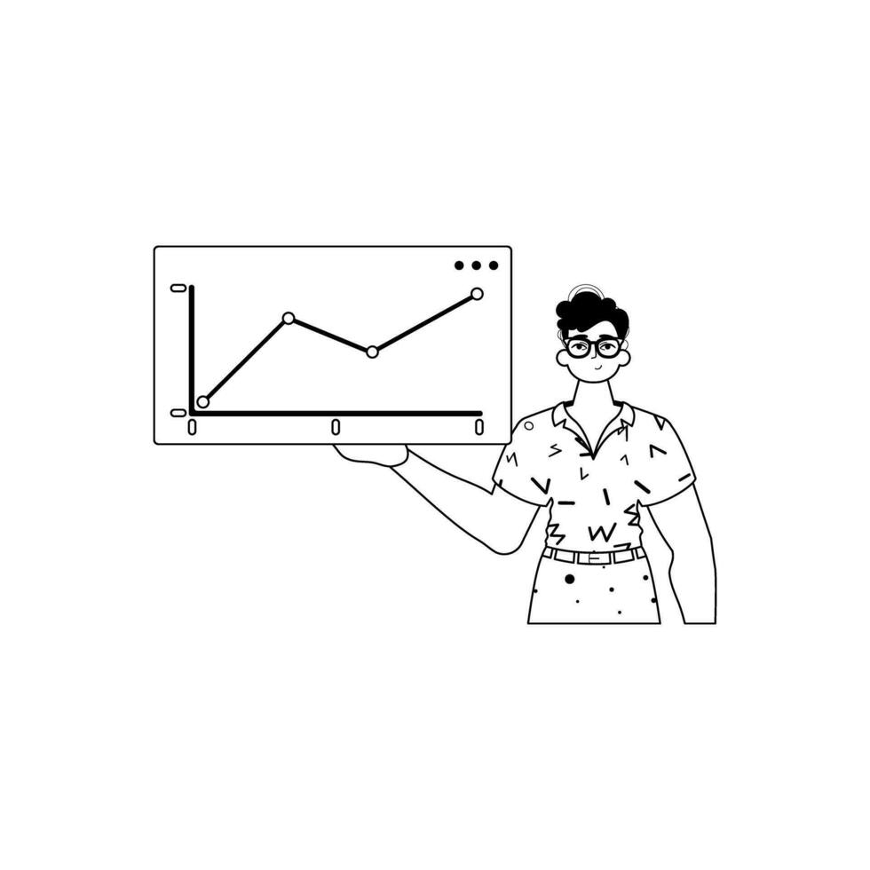 das Kerl hält ein Graph von Wachstum mit positiv Dynamik . schwarz und Weiß linear Stil. modisch Stil, Vektor Illustration