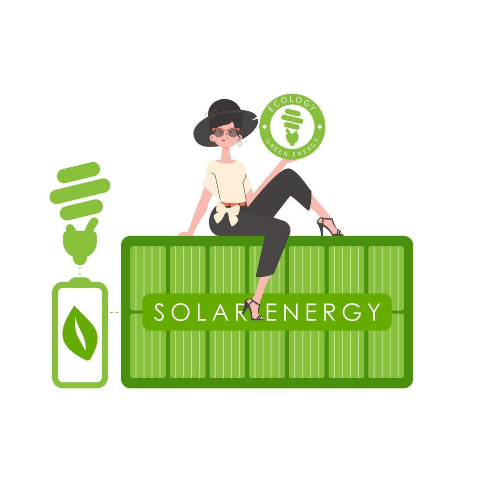 en kvinna sitter på en sol- panel och innehar de eco logotyp i henne händer. de begrepp av ekologi och grön energi. isolerat på vit bakgrund. vektor trend illustration.